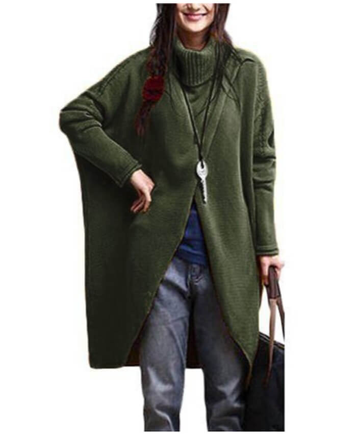 Asymmetric Hem Turtleneck Long Sleeve Army Green Sweater
